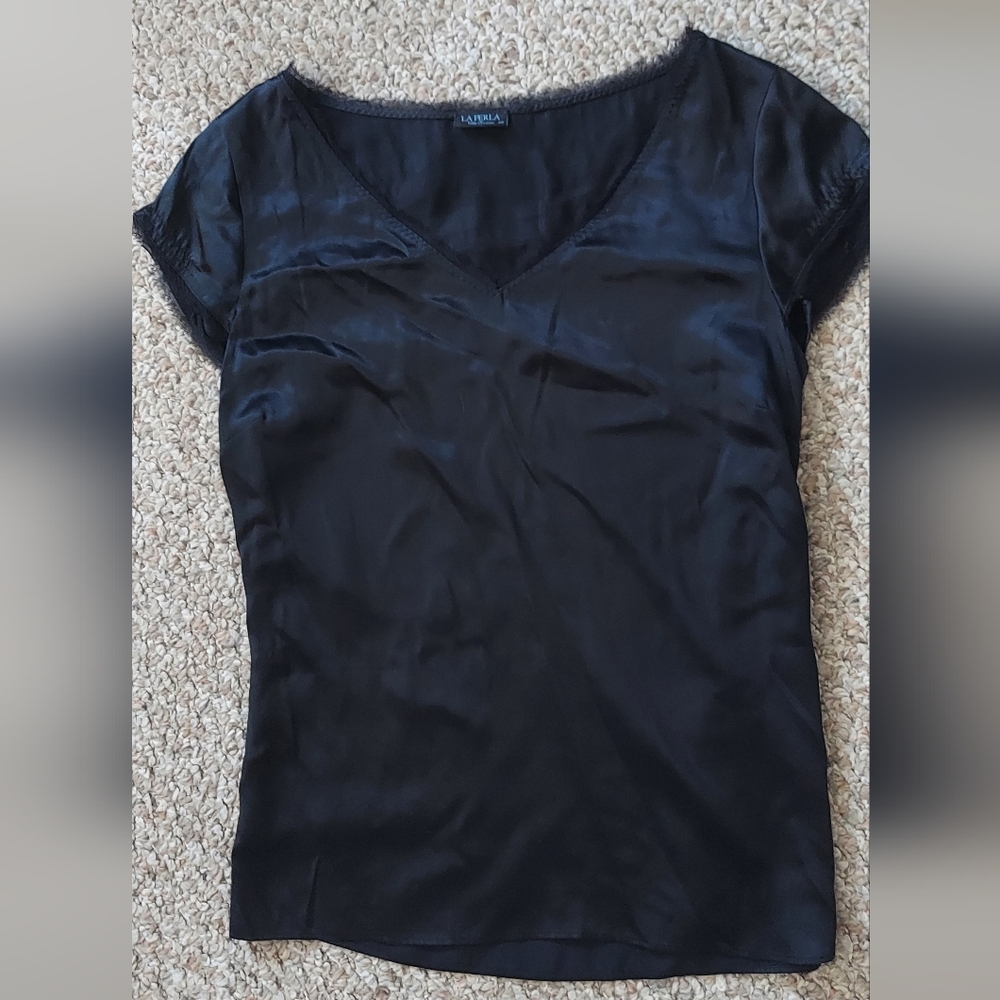 La Perla size S 100% silk black satin vintage rare v neck